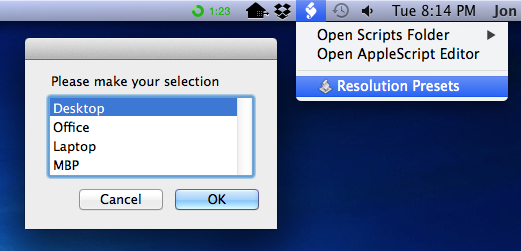 Resolution Presets OS X Menu Bar Screenshot