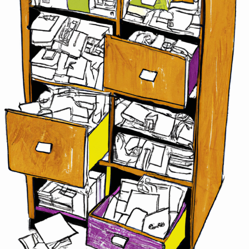 Hand drawn documents library cabinet overflowing with paper